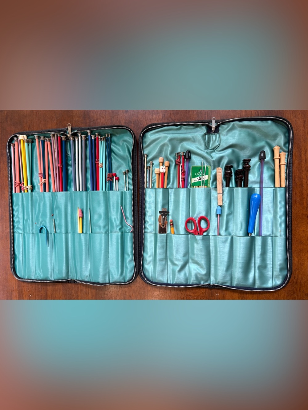 Quilting needle sets and accessories in tapestry fabric zipper cases - lot of 2